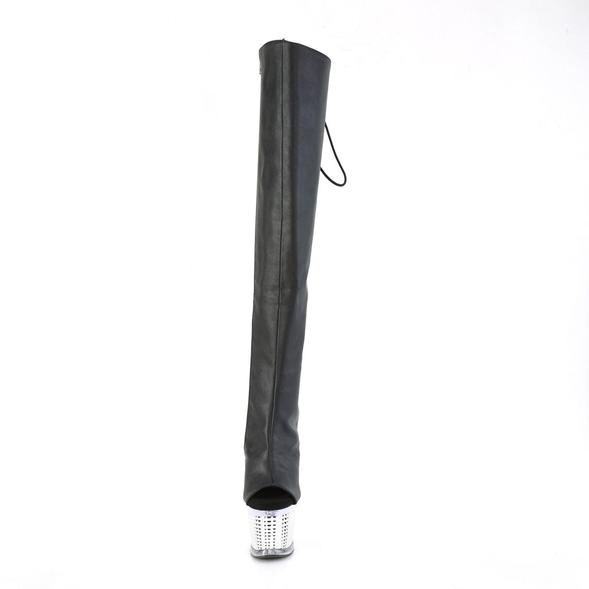 SPECTATOR-3019 Black Faxur Leather/Clear-Silver Chrome Thigh Boot Pleaser US Size (Women's): 6