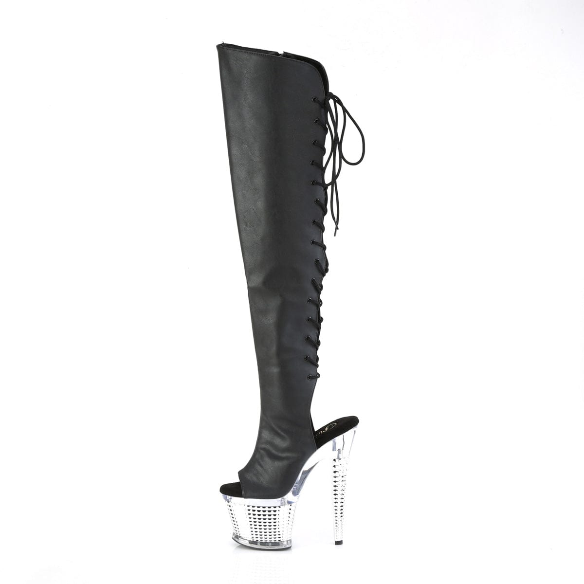 SPECTATOR-3019 Black Faxur Leather/Clear-Silver Chrome Thigh Boot Pleaser US Size (Women's): 6