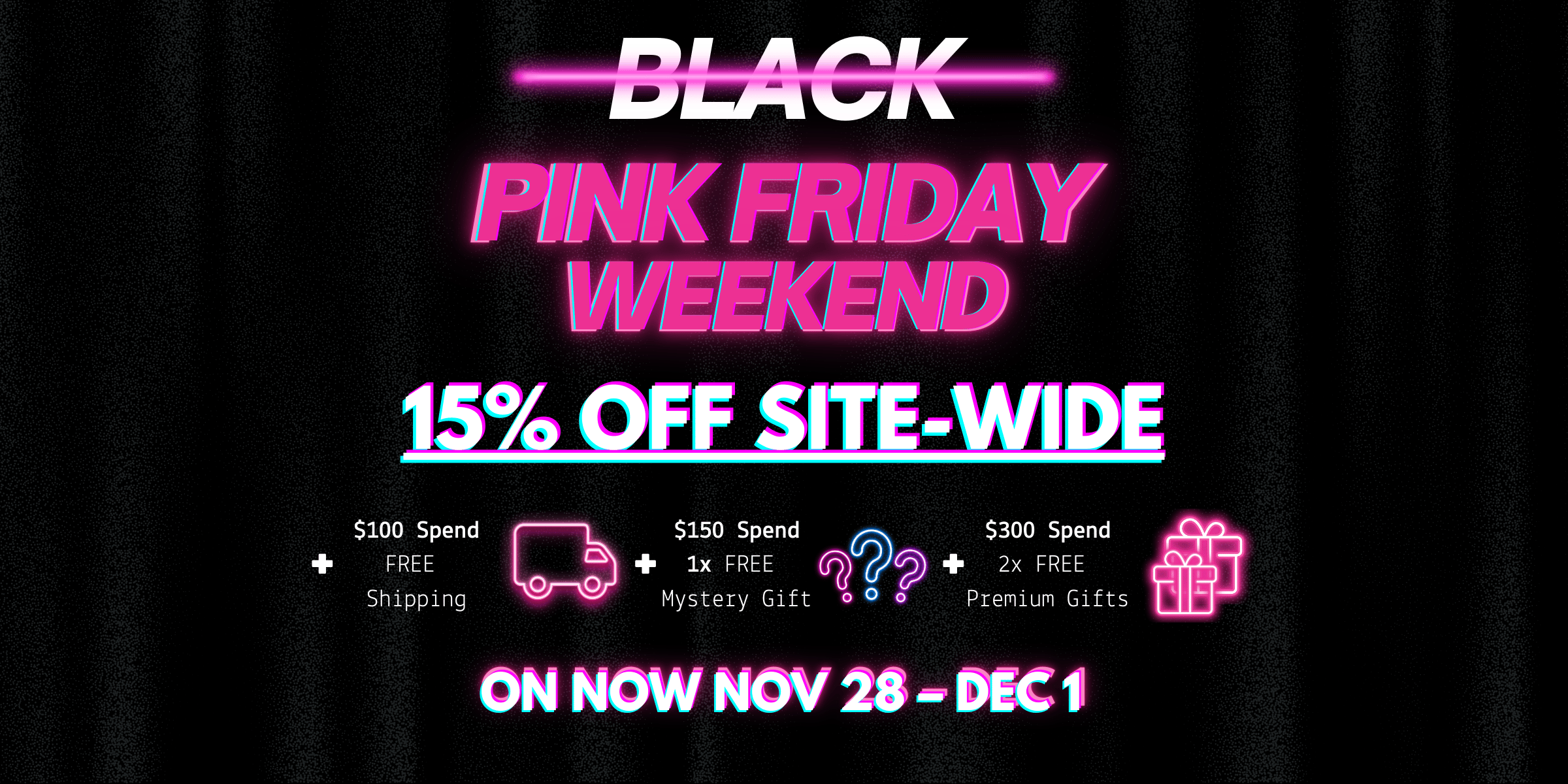 Black Friday promotional banner with neon text on a black background