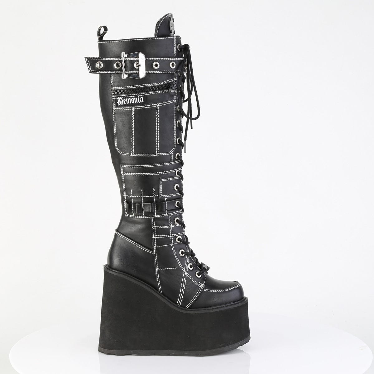 SWING-260 Black Vegan Leather Knee High Boots Demonia US Size (Women's): 6