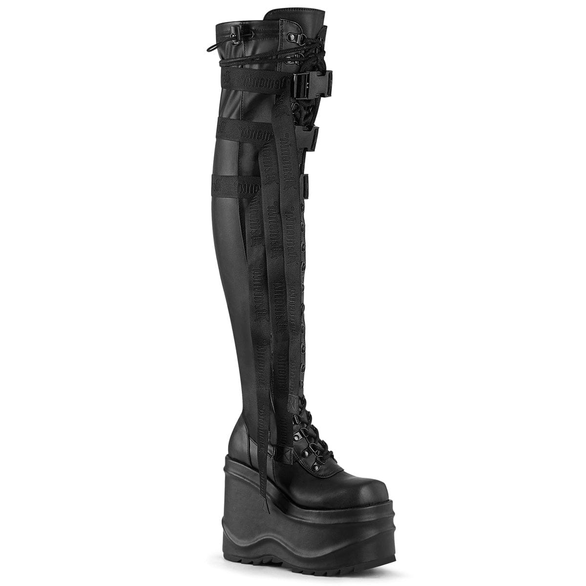 WAVE-315 Black Stretch Vegan Leather Thigh Boot Demonia US Size (Women's): 6
