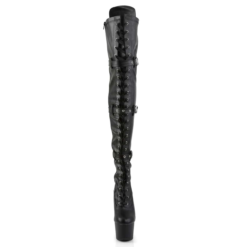 ADORE-3028 Black Stretch Faux Leather/Black Matte Thigh Boot Pleaser US Size (Women's): 5