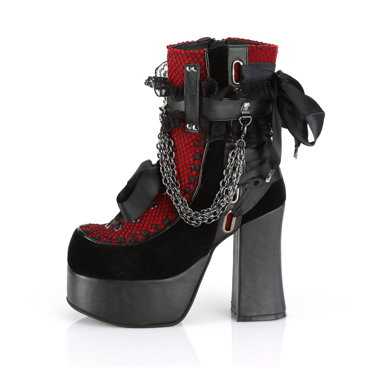 CHARADE-110 Black Vegan Leather-Red-Black Velvet-Fishnet Overlay Ankle Boot Demonia