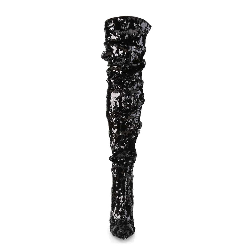 COURTLY-3011 Black Sequins Thigh Boot Pleaser US Size (Women's): 6