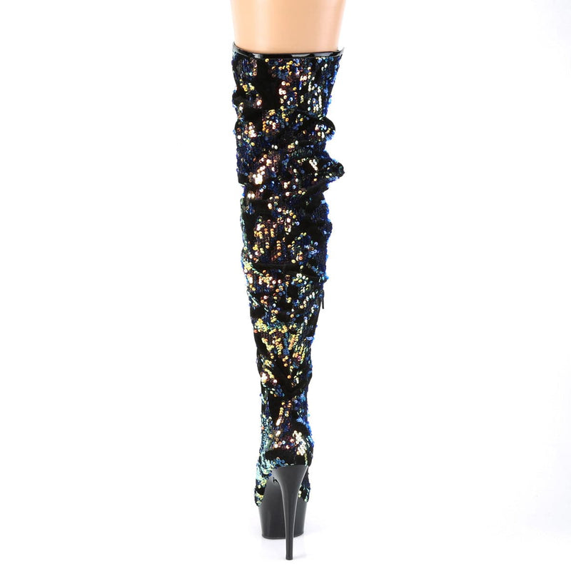 DELIGHT-3004 Blue Iridescent Sequins/Black Thigh Boot Pleaser US Size (Women's): 5