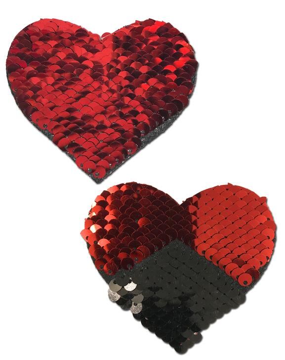 Love: Red & Black Color Changing Sequin Heart Nipple Pasties Pastease