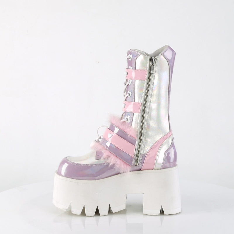ASHES-120 Baby Pink-Lavender Hologram graphic Patent Mid-Calf Boot Demonia US Size (Women's): 6