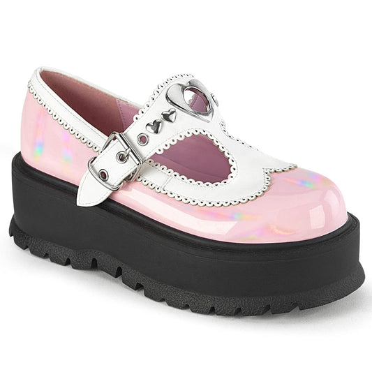 SLACKER-23 Baby Pink Hologram Patent -White Vegan Leather Demonia US Size (Women's): 6