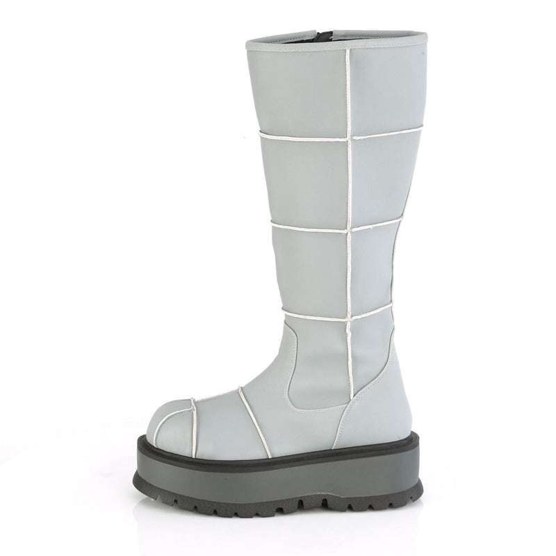 SLACKER-230 Grey Reflective Vegan Leather Knee Boot Demonia US Size (Women's): 6