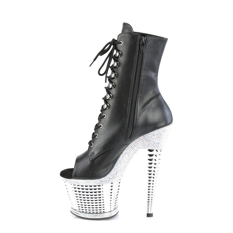 SPECTATOR-1021RS Black Faux Leather/Silver Rhinestones-Chrome Ankle Boot Pleaser US Size (Women's): 6