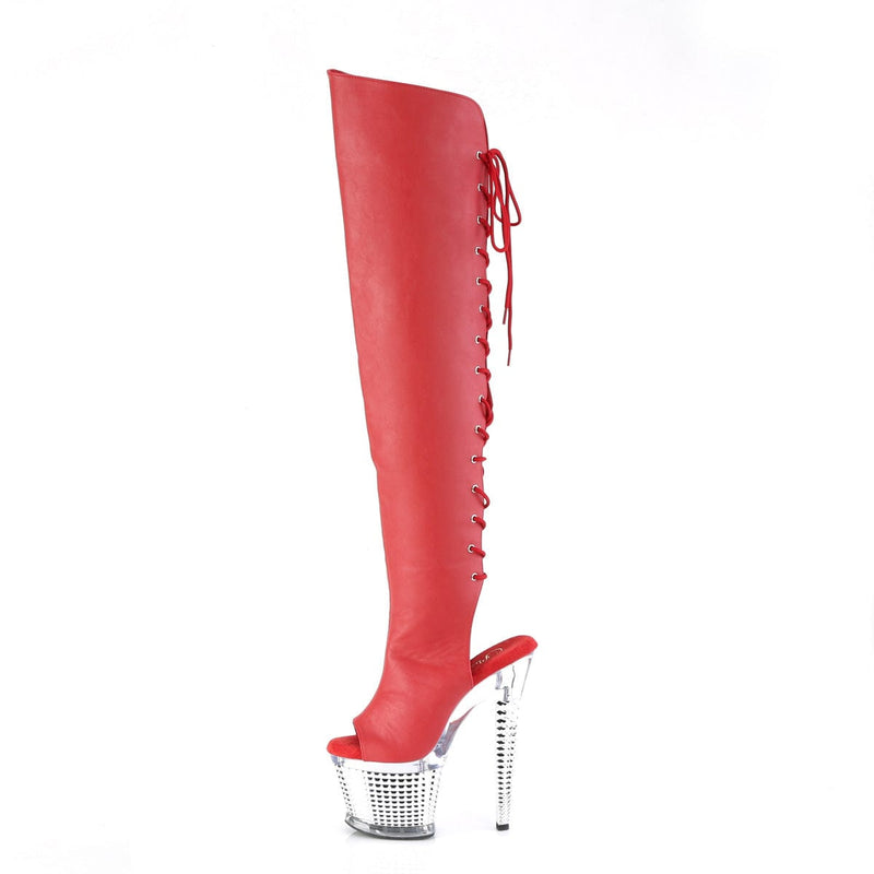 SPECTATOR-3019 Red Faux Leather/Clear-Silver Chrome Thigh Boot Pleaser US Size (Women's): 6