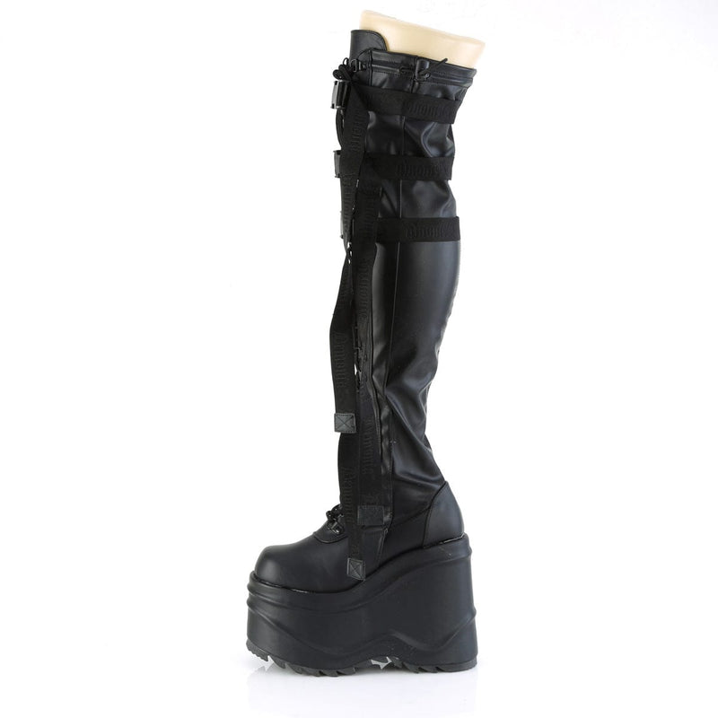 WAVE-315 Black Stretch Vegan Leather Thigh Boot Demonia US Size (Women's): 6